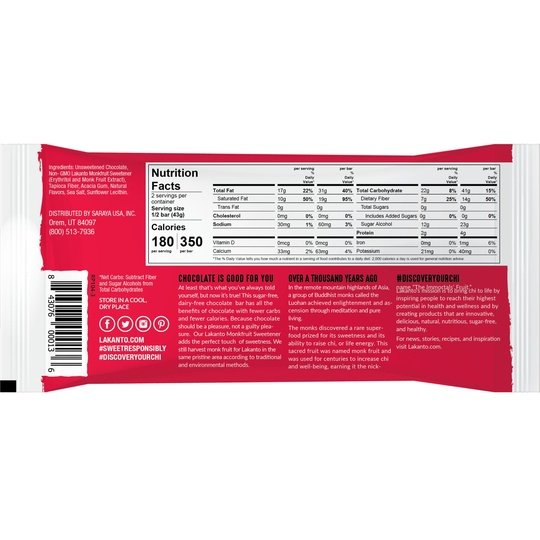 Lakanto Sugar Free, Monkfruit Sweetened 55% Chocolate Bar