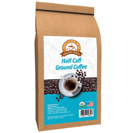 Alex's Low Acid Organic Coffee™ - Half Caff Fresh Ground (5lbs)