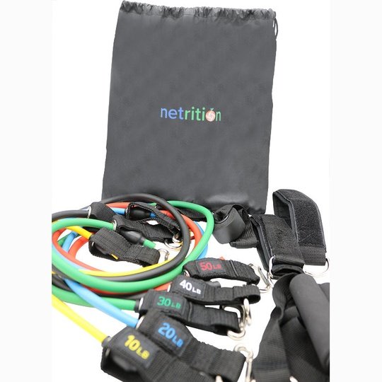 Netrition Resistance Band Set with Door Anchor, Ankle Strap, Exercise Chart, and Carrying Case