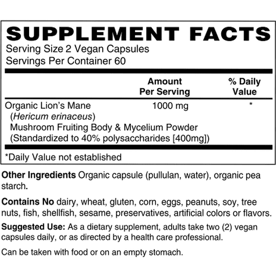 Certified Organic & Vegan US Grown Lion's Mane Mushroom Capsules by Netrition